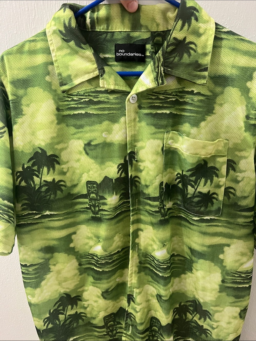 No Boundaries Lime Green Palm-Print Short Sleeve Button-Down Shirt